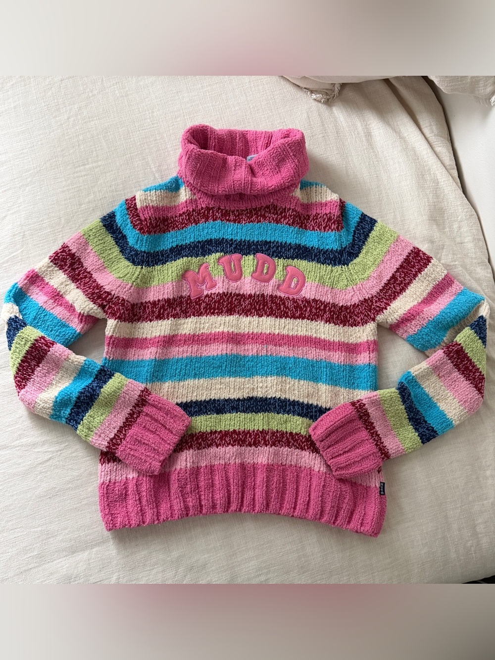 Vintage Y2K Mudd Rainbow Striped Chenille Turtleneck Sweater Rare 2000s